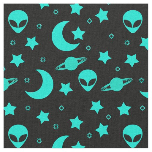 Turquoise Alien Pattern with Stars and Moons Fabric
