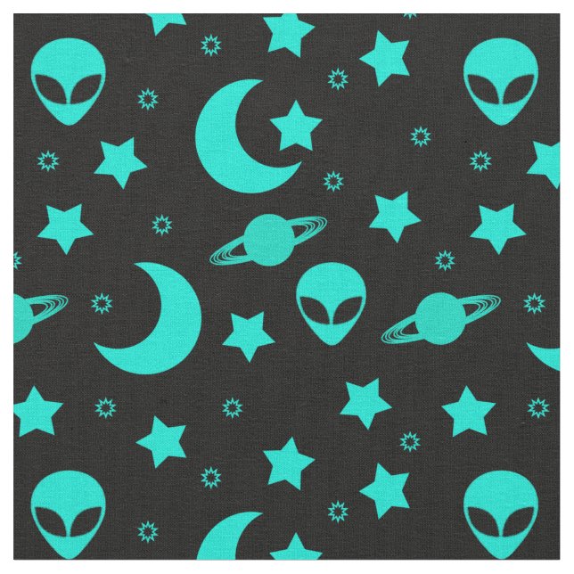 Turquoise Alien Pattern with Stars and Moons Fabric (Close Up)
