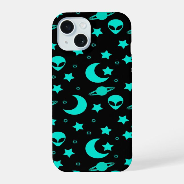 Turquoise Alien Pattern with Stars and Moons Iphone Case (Back)