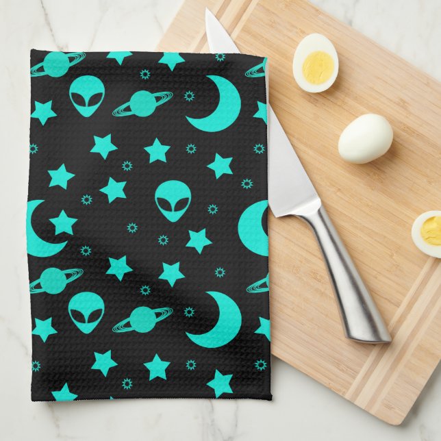 Turquoise Alien Pattern with Stars and Moons Kitchen Towel (Quarter Fold)