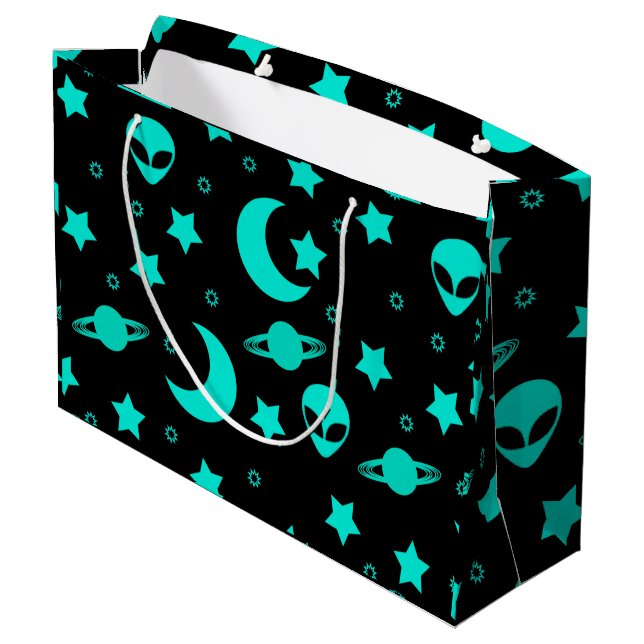 Turquoise Alien Pattern with Stars and Moons Large Gift Bag (Back Angled)