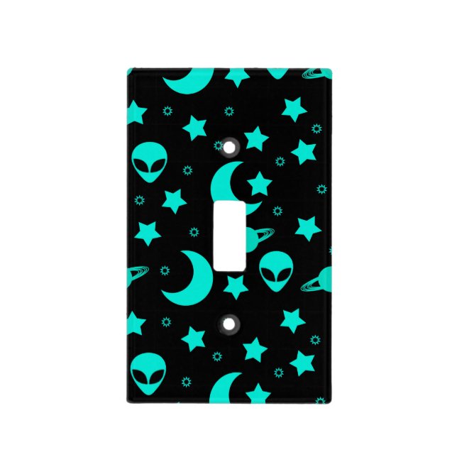 Turquoise Alien Pattern with Stars and Moons Light Switch Cover (Front)