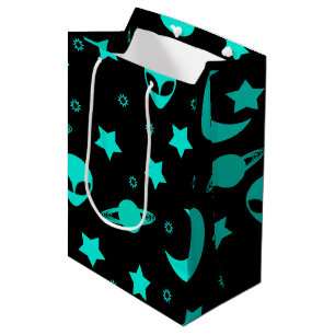 Turquoise Alien Pattern with Stars and Moons Medium Gift Bag