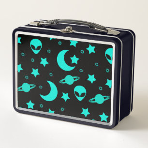 Turquoise Alien Pattern with Stars and Moons Metal Lunch Box