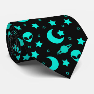 Turquoise Alien Pattern with Stars and Moons Neck Tie