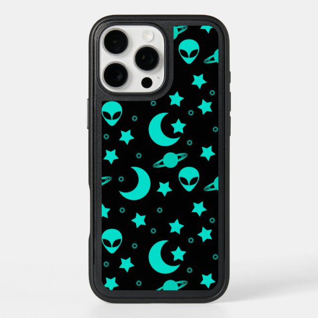 Turquoise Alien Pattern with Stars and Moons Otterbox iPhone Case (Back)