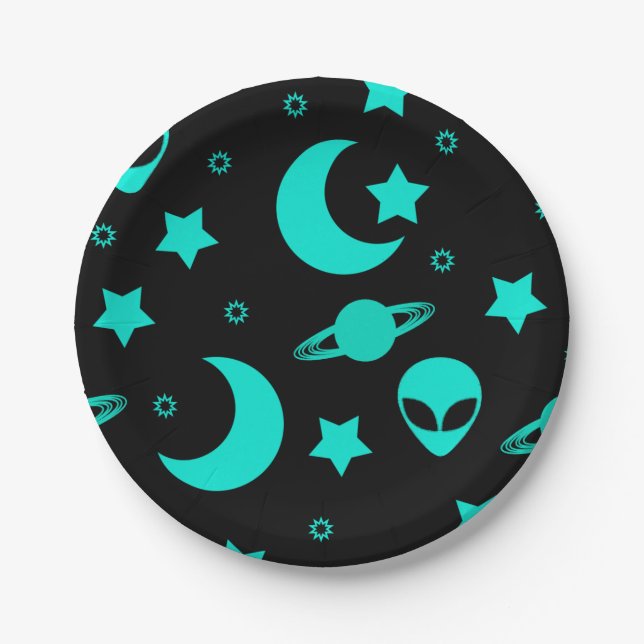 Turquoise Alien Pattern with Stars and Moons Paper Plates (Front)
