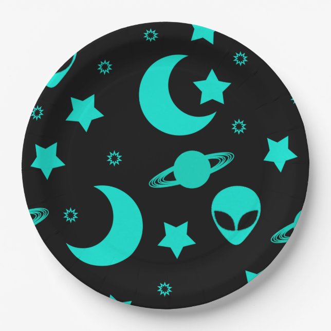 Turquoise Alien Pattern with Stars and Moons Paper Plates (Front)