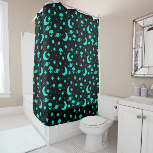 Turquoise Alien Pattern with Stars and Moons Shower Curtain