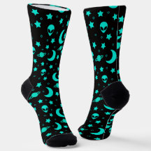 Turquoise Alien Pattern with Stars and Moons