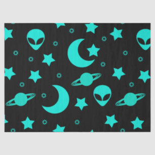 Turquoise Alien Pattern with Stars and Moons Tissue Paper
