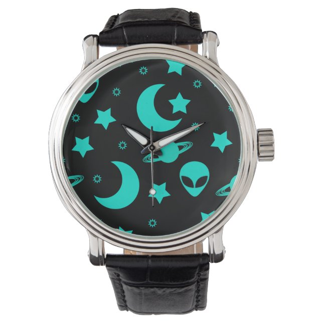 Turquoise Alien Pattern with Stars and Moons Watch (Front)
