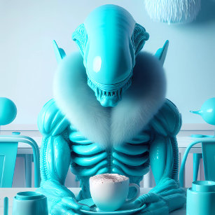 Turquoise Alien Xenomorph In Coffee Shop 1 Poster