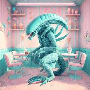 Turquoise Alien Xenomorph  In Ice Cream Parlor 3 Poster