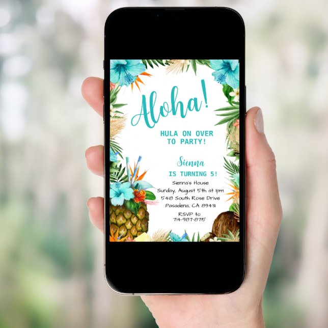 Turquoise Aloha Birthday, Hawaiian Luau Tropical  Invitation (Front Digital)