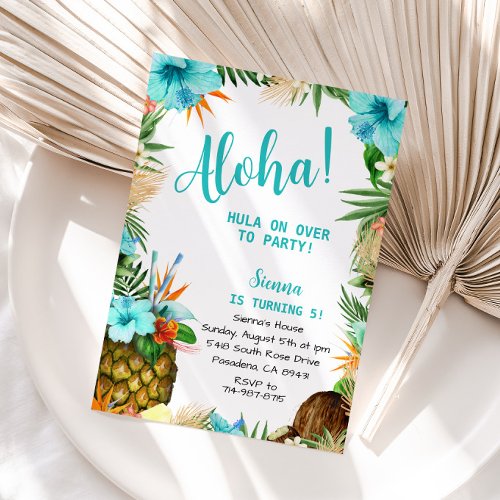 Turquoise Aloha Birthday Hawaiian Luau Tropical  Invitation