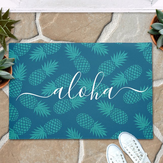 Turquoise aloha script pineapple pattern modern doormat (Creator Uploaded)