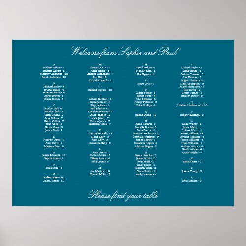 Turquoise Alphabetical Seating Chart Poster