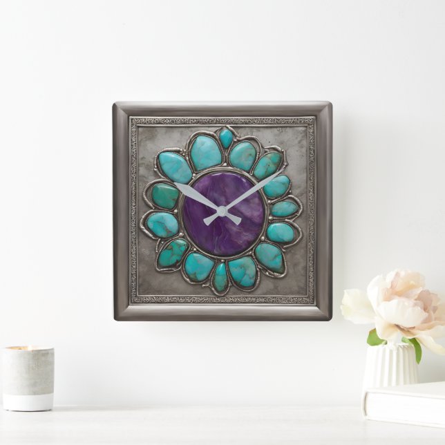 Turquoise and Amethyst Jewel Toned  Square Wall Clock (Home)