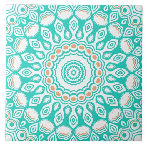 Turquoise and Beige Coastal Mandala Design Ceramic Tile