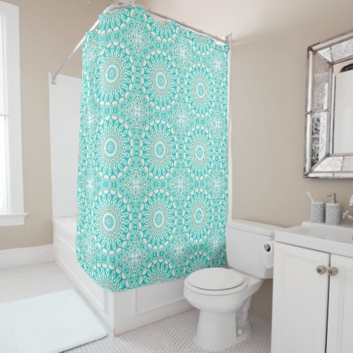 Turquoise and Beige Coastal Mandala Design Shower Curtain