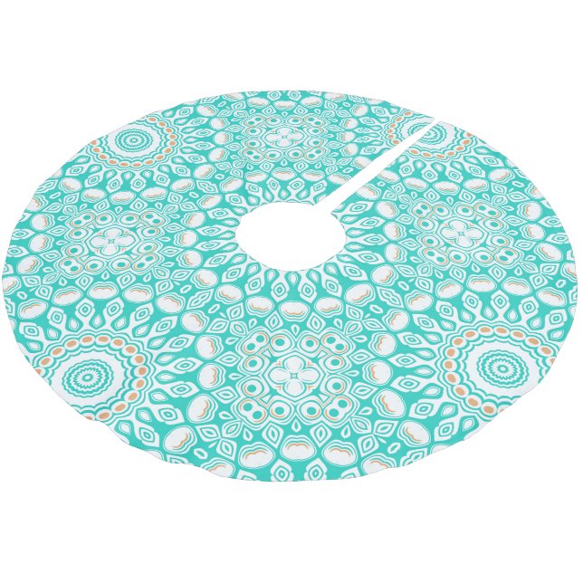 Turquoise and Beige Ocean Mandala Pattern Brushed Polyester Tree Skirt (Angled)