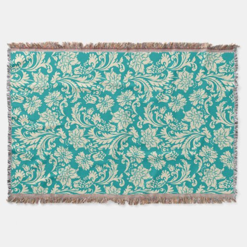 Turquoise And Beige Vintage Floral Damasks 2 Throw Blanket