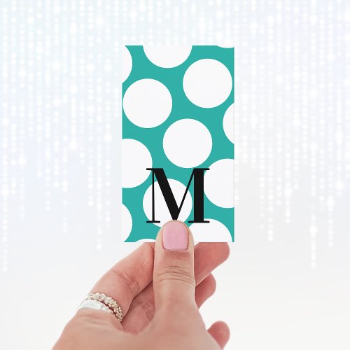 Turquoise and Big White Polka Dots Monogram Business Card