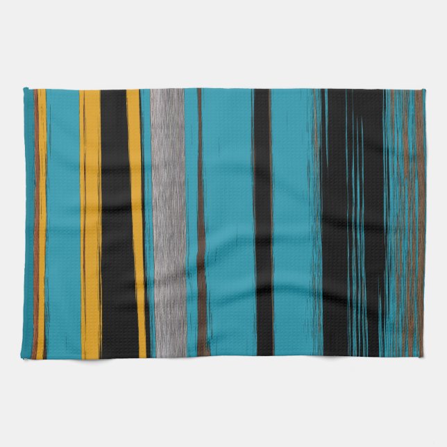 Turquoise And Black - Abstract Art Stripes Kitchen Towel (Horizontal)