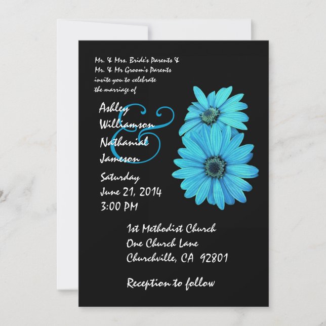 Turquoise and Black Daisy Wedding Invitation (Front)