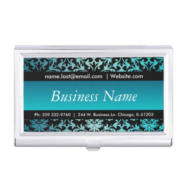 Turquoise and Black Damask Design Business Card Ca Business Card Case (Front)