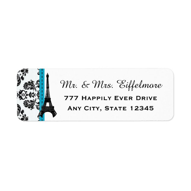 Turquoise and Black Damask Eiffel Tower Label (Front)