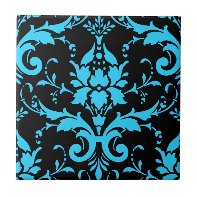 Turquoise and Black Damask Matching Kitchen Tile (Front)