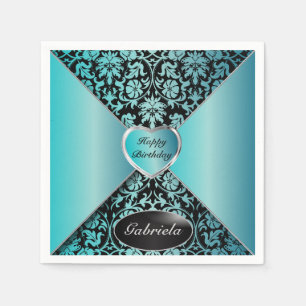 Turquoise and Black Damask Paper Napkins