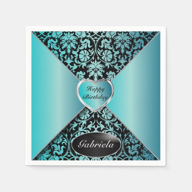 Turquoise and Black Damask Paper Napkins (Front)