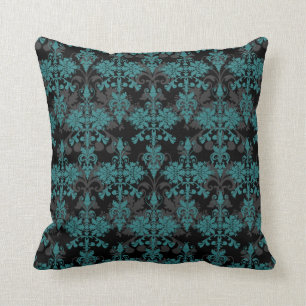 Turquoise and Black Damask Throw Pillow