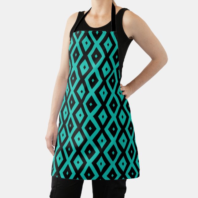 Turquoise and black diamond pattern apron (Insitu)