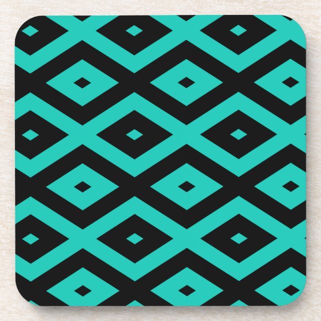 Turquoise and black diamond pattern beverage coaster (Front)