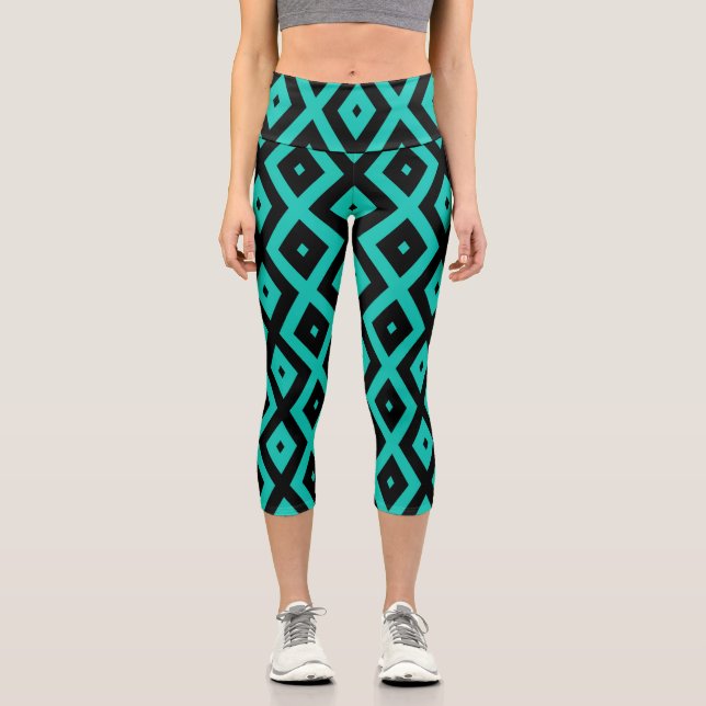 Turquoise and black diamond pattern capri leggings (Front)