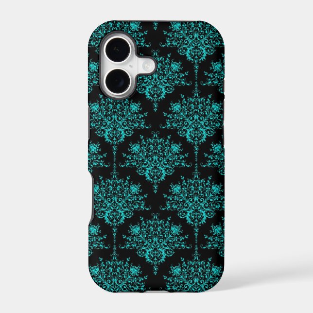 Turquoise and Black Elegant Damask Pattern Iphone Case (Back)