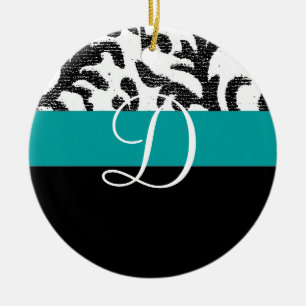 Turquoise and Black Floral Monogram Ceramic Ornament