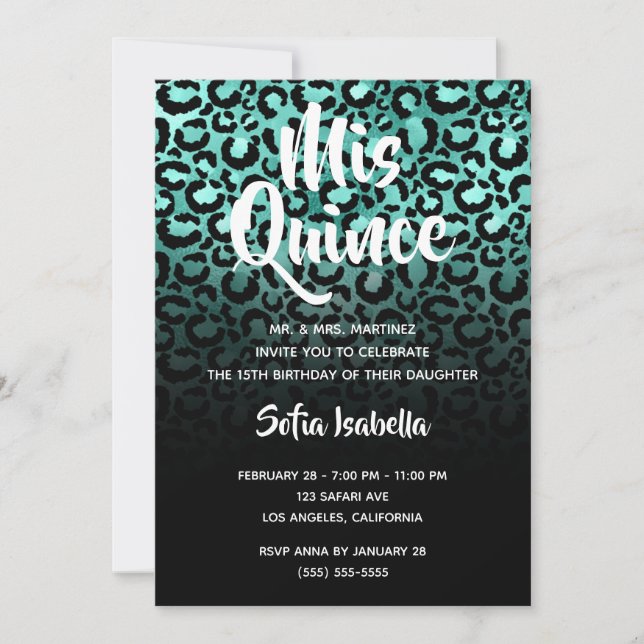 Turquoise and Black Glam Leopard Ombre Mis Quince Invitation (Front)