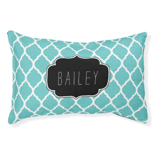 Turquoise and Black Moroccan Quatrefoil Monogram Pet Bed