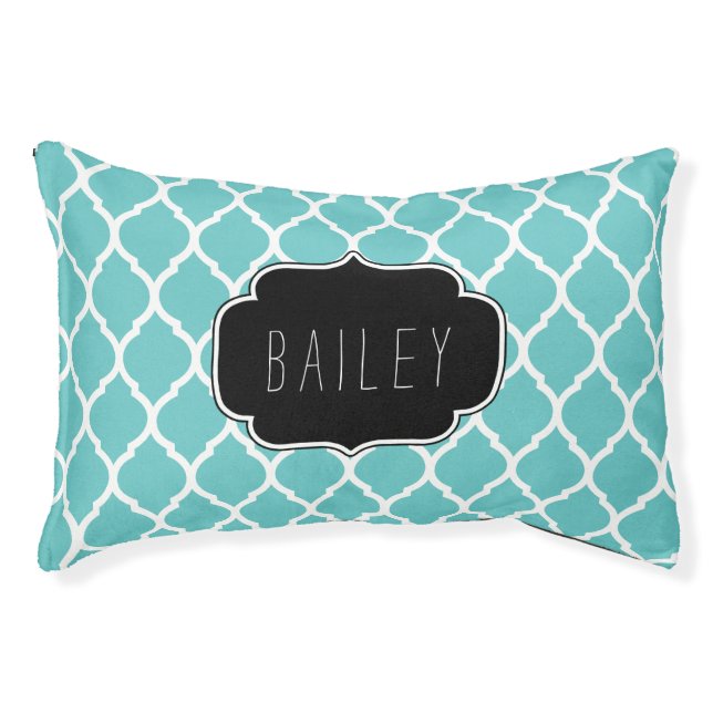 Turquoise and Black Moroccan Quatrefoil Monogram Pet Bed (Front)