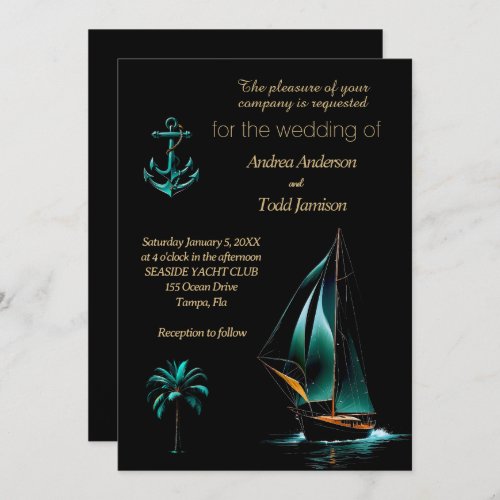 Turquoise and black nautical wedding invitation