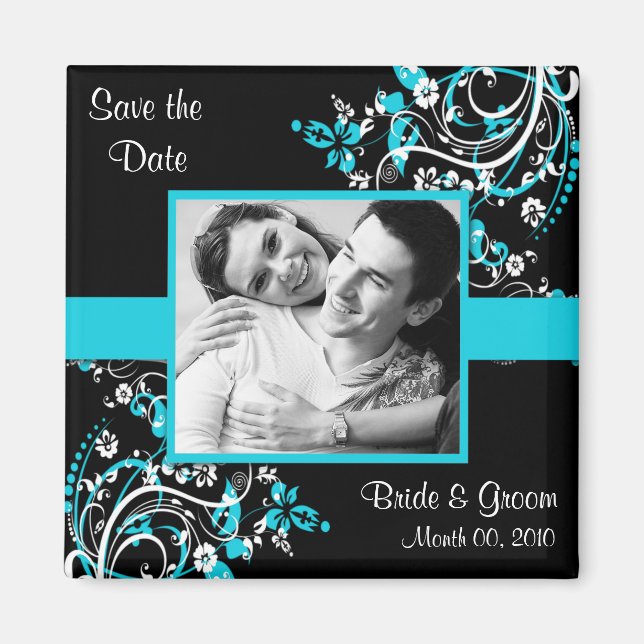 Turquoise and Black Save the Date photo Magnets (Front)