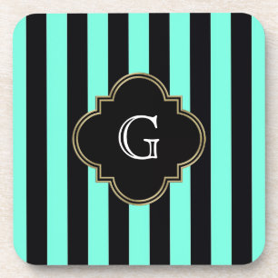 Turquoise and Black Stripes Pattern with Monogram Beverage Coaster