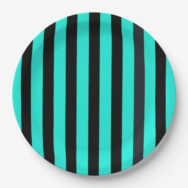 Turquoise and black stripes print paper plates (Front)