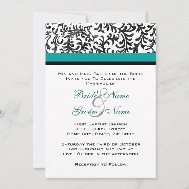 Turquoise and Black Wedding Invitation (Front)