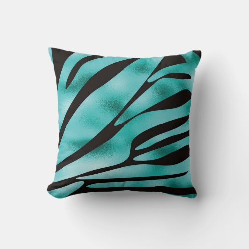 Turquoise and Black Zebra Animal Stripes Throw Pillow